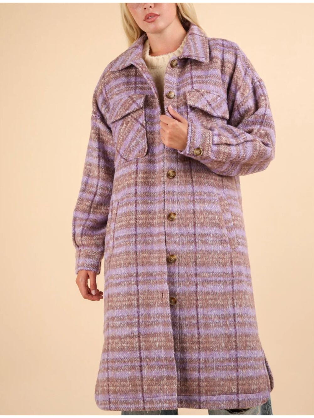 New In Plaid Button Front Long Coat Purple Plaid Size Large NWT Stylish Warm